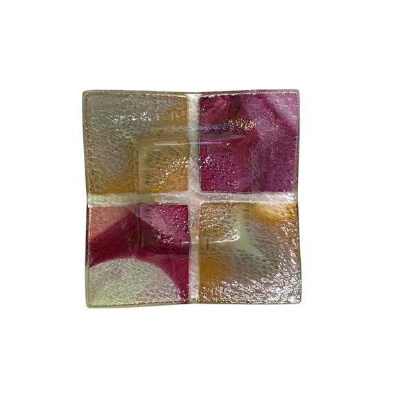 Studio Fused Art Deco Glass Square Trinket Key Jewelry Dish - Signed by Artist - Picture 5 of 11